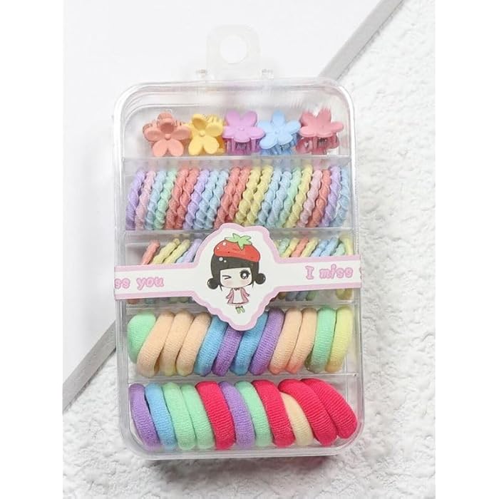 Baby Hair Rubber Bands Colorful For Thin and Thick Hair Cotton Ponytail Holders For Baby Kid Girls Hair Accessories Elastic Hair Ties Mini Claw Clips (Multicolor, Set of 75Pcs) - With Storage Box - Image 5
